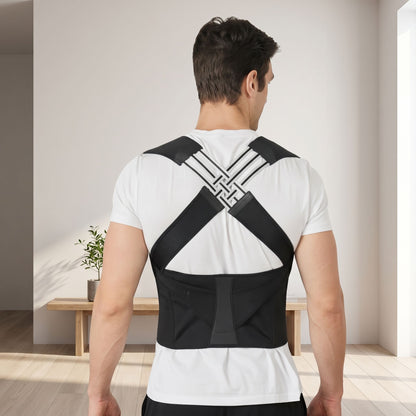 Person wearing a posture corrector belt in a modern indoor setting emphasizing fit and adjustability.