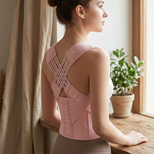 Side view of posture correction belt on mannequin on wooden surface with natural light and cozy background elements.